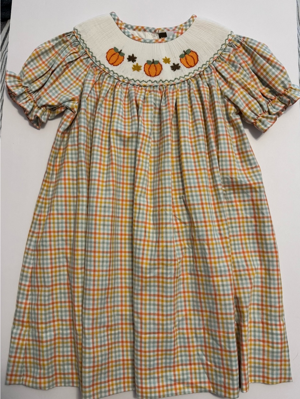 Banana Split Smocked Pumpkin Plaid Kids Dress - 4